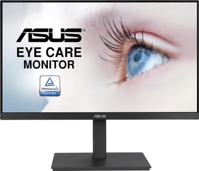 A close-up marketing image of a computer monitor with text and a certification logo.