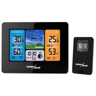 Obrázek produktu pro GreenBlue WiFi meteorologická stanice Kompatibilní s TUYA Venkovní senzor Kalendář Předpověď počasí Barometr Síťový adaptér Baterie GB215