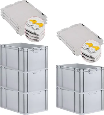 Produktbild von SuperSparSet 5x Eurobox NextGen Grip mit Scharnierdeckel und gelben Schiebeschnappverschlüssen | HxBxT 32x40x60cm | 65 Liter | Grau | Griffe geschlossen | Verstärkter Boden | Eurobehälter, Transportbox, Transportbehälter, Stapelbehälter