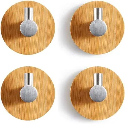 Productafbeelding van Set van 4 houten bamboehaken, zelfklevende haken voor handdoeken, geen boren nodig, ideaal voor badkamer en keuken