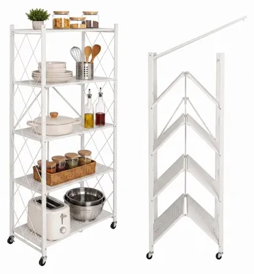 Imagen del producto de Estantería plegable Relaxdays, con 5 niveles, capacidad de hasta 125 kg, dimensiones: 159 x 71 x 34 cm, carro con frenos, estantería de almacenamiento, acero, color blanco, Imagen generada por IA