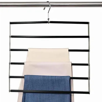 Produktbild von PolkaHome® Raumsparender Kleiderbügel für Hosen, 5-stufig, faltbar, rutschfest, Edelstahl, multifunktional, für Hosen, Jeans, Schals,