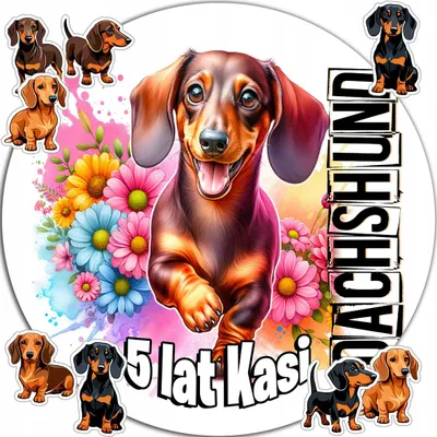 Zdjęcie produktu dla Opłatek Na Tort 20Cm - Psy Dachshund Dekoracja Urodzinowa + Imię 15Cm 18Cm