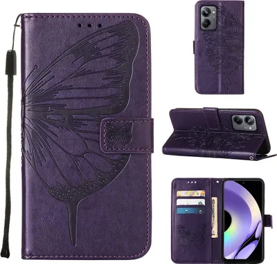 Produktbild von Lederhülle für Realme 10 Pro 5G Schmetterling Prägung Flip Ledertasche Kartenfächer Handyhülle mit Ständer Lila