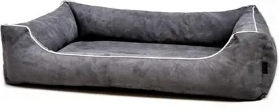 A gray dog bed with white trim, shown from a side-angle against a white background.