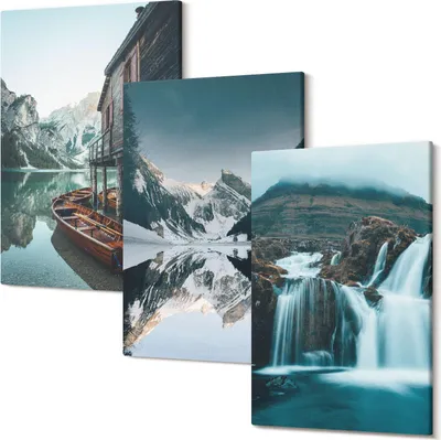 Obrázok produktu pre Foto Na Plátno – Obraz Na Plátne – Fotoplátno – Viacdielne Obrazy – Tlač Fotografii – Rám Z Dreva – Matné Plátno – Nástenné Umenie – Set 3 Kusy – 20x30 Cm Každý – Horská krajina s vodopádom a jazerom
