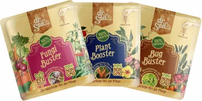 Produktbild von Dr.Soil Pflanzenpflegepaket zur Wiederherstellung des Aussehens von Grünpflanzen, die von Schädlingen befallen sind, mit dem organischen Fungizid Fungi Buster 10ml, dem organischen Insektizid Bug Buster 10ml und dem Biostimulator zur Stärkung der Immunitä