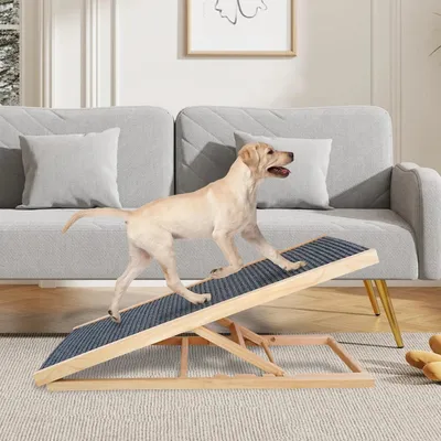 Image de Escalier pliable pour animaux de compagnie. Rampe pour chiens durable. Rampe pour chiens en bois avec surface antidérapante. Hauteur réglable