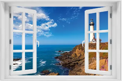Produktbild von Wallario Wandbild mit Fenster-Illusion: Leuchtturm auf einem Felsvorsprung - Blauer Himmel, Größe: 61 x 91,5 cm, Poster mit weißem Aluminiumrahmen