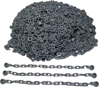 A pile of dark gray LEGO chains and three individual chains laid out below.