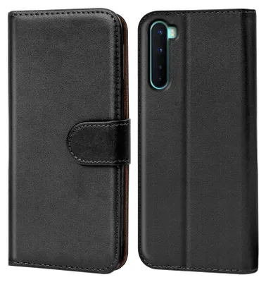 A black flip case for a smartphone, shown from the front and back.