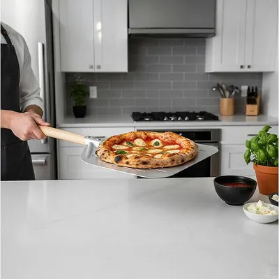 Image de Pelle à pizza perforée 30 cm en aluminium et bois