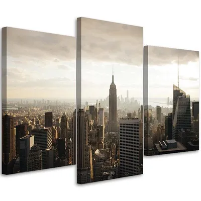 Zdjęcie produktu dla Obraz tryptyk na płótnie, Panorama Nowego Jorku 120x80 cm Feeby brązowy obraz na ścianę gotowy do powieszenia