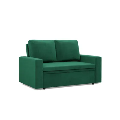 A green sofa with two cushions is shown against a white background.