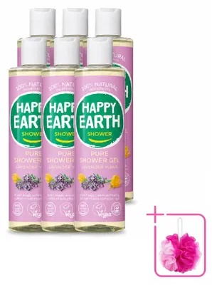 Imagen del producto de 6 unidades de gel de ducha "Happy Earth Pure" – Lavanda e Ylang-Ylang – 300 ml – Paquete económico