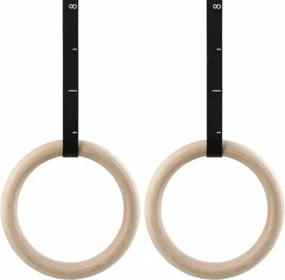 Obrázek produktu pro Dřevěné gymnastické kruhy pro fitness - 32 mm - CrossFit, Gym & Calisthenics - Dřevěné gymnastické kruhy - Silový trénink - Včetně závěsných popruhů a protiskluzové pásky