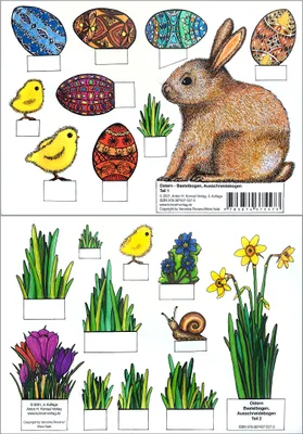 Produktbild von Ostern - Bastelbogen, Ausschneidebogen: Osterhase, Ostereier, Küken und Blumen zum Basteln.