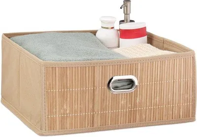 Productafbeelding van Famanu opbergmand, bamboe - badkamer - opvouwbaar - laag - breed - vierkant - stoffen mand - Afmetingen: 14 x 31 x 31 cm - naturel