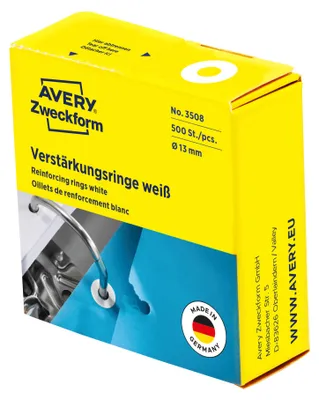 Produktbild von Avery Zweckform 3508, Lochverstärkungsringe, ? 13 mm, 500 Verstärkungsringe / 1 Rolle, weiß