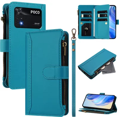 Obrázek produktu pro Pouzdro pro Xiaomi Poco M4 Pro 4G, zipem, peněženkovéPolyuretankožené flip pouzdro s kapsami na karty, stojánkem a poutkem na ruku Jezerní modrá