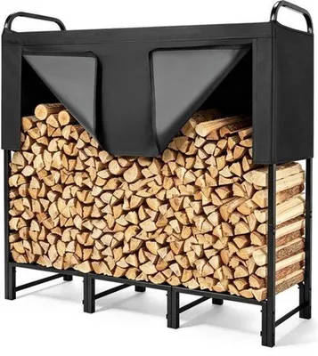 Productafbeelding van Houtopslag Rek Zwart - 122 x 32 x 118 cm - Metaal - Voor Buiten - Brandhoutrek