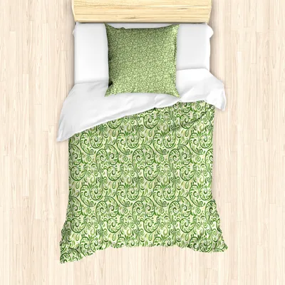 Produktbild von ABAKUHAUS Grün Mantele, Curly Aufwändiger Blatt Damast, Milbensicher Allergiker geeignet mit Kissenbezügen, 135 cm x 200 cm - 80 x 80 cm, Hellgrün Farn-Grün