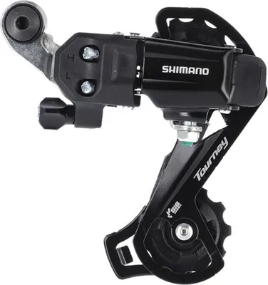A black bicycle rear derailleur is shown against a white background.