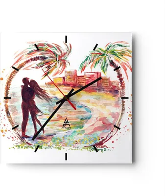 Produktbild von Wanduhr - Quadrat - Glasuhr - Liebe Palmen Ansicht Sommer - 40x40cm - Schleichendes Uhrwerk - Lautlos - zum Aufhängen bereit - Dekoration Modern - Wanddekoration aus Glas - C3AC40x40-2989