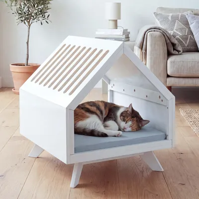 Image de Abri pour animaux HWC-Q65, adapté aux chats et aux chiens, maison pour animaux en bois ®, dimensions 58x50x60 cm, couleur blanche, coussin gris