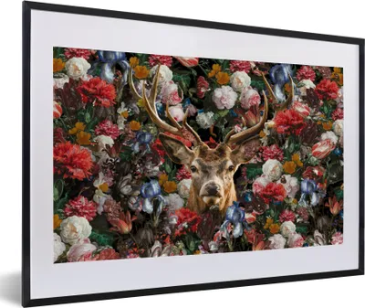 Produktbild von MuchoWow® MuchoWow® Gerahmtes Poster Hirsche - Geweihe - Blumen 60x40 cm - Poster mit zchwarzem Bilderrahmen - Schlafzimmer - Plakat in Rahmen - Drucken