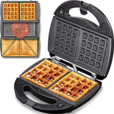 Produktbild von Waffeleisen, Sandwichmaker 3 in 1, Multifunktionsgerät Doppel, 760,00 W, 3 Abnehmbare Platten, Antihaftbeschichtung, LED-Leuchten, Kombi-Waffeleisen