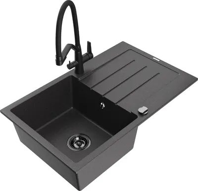 Produktbild von Mexen Bruno 1 Becken-Granitspüle mit Abtropffläche und Mischbatterie Duo, Schwarz gesprenkelt - 6513-76-671701-70-B
