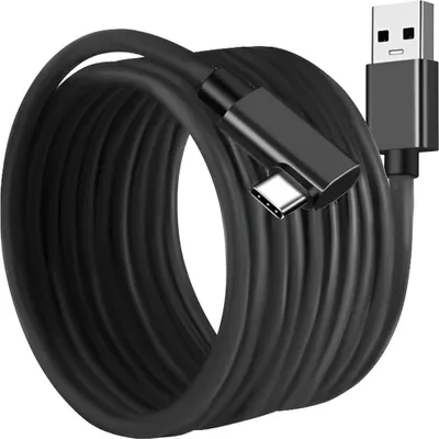 A coiled black USB-C cable with a USB-A connector on one end and a right-angled USB-C connector on the other.