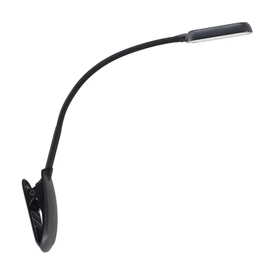 A black LED clip-on lamp with a flexible gooseneck and a clip base, isolated on a white background.