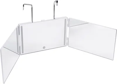 A white, tri-fold makeup mirror with LED lights and adjustable hooks, displayed against a white background.