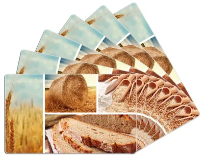 Produktbild von Wallario Frühstücksbrettchen 6er Set aus Glas, je 14 x 23 cm, mit rutschfesten Füßen, Motiv Weizen und Mehl  Vom Korn zum Brot