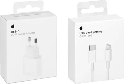 Two white Apple product boxes are shown side-by-side against a white background. The box on the left displays a USB-C 20W Power Adapter, and the box on the right shows a USB-C to Lightning Cable (2m).