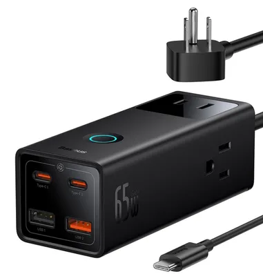 Zdjęcie produktu dla Ładowarka sieciowa Baseus PowerCombo Digital PowerStrip (PSLA020101) – 3 gniazda AC, 2 porty USB, 2 porty USB-C, 65 W, kabel USB-C 100 W, czarna