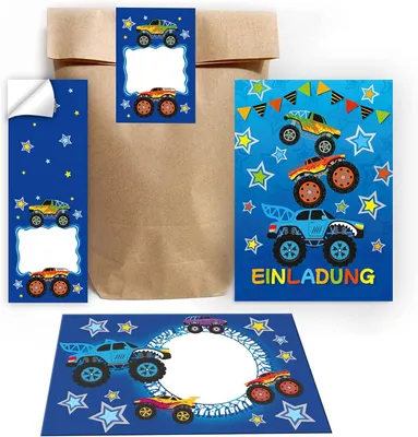Produktbild von Einladungskarten Kindergeburtstag, Monster Truck Design, 12 Stück, mit Umschlägen und Aufklebern