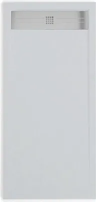 A top-down view of a flat, gray shower tray with a silver drain cover.