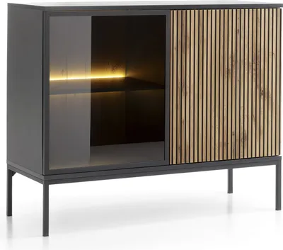 Produktbild von Kommode Sento K104 2 Türiger Schrank Wohnzimmerschrank 104X83X39 Vitrinenschrank Schwarz/Wotan Eiche