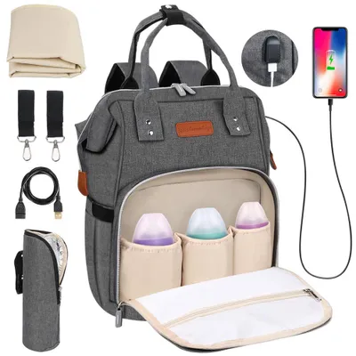 Produktbild von Baby Wickelrucksack Wickeltasche mit Wickelunterlage, Multifunktional Große Kapazität Babytasche Reisetasche für Unterwegs, Oxford Babyrucksack mit USB-Lade Port (Grau)