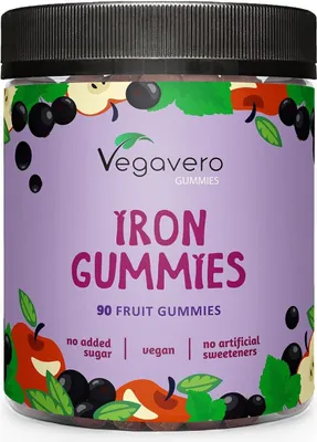 Produktbild von Vegavero Iron Gummies | 90 Stück | Fruchtgummis mit Eisen | ohne Zuckerzusatz & Süßungsmittel | vegan