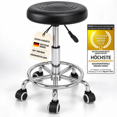 Produktbild von Ergonomischer Rollhocker Arbeitshocker Schwarz - Höhenverstellbarer Drehhocker mit Rollen & Kunstleder-Sitz, ideal für Praxis, Büro & Kosmetik