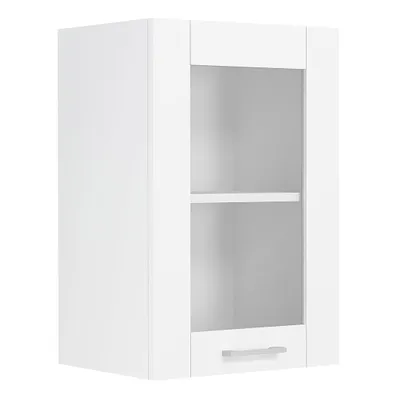 A white kitchen cabinet with a glass door and a shelf inside, shown against a white background.