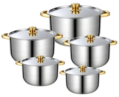 Produktbild von Kochgeschirr-Set - 5-teilig - Edelstahl - Antihaftbeschichtung - Topf und Pfanne - Ergonomischer Griff