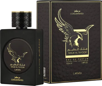 A black perfume bottle and its packaging are displayed against a black background.
