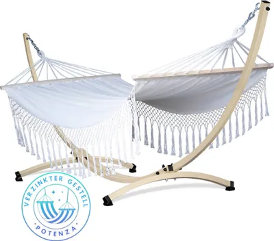 Produktbild von Potenza Outdoor Hängematte mit Gestell für 2 Personen I Stabhängematte XXL 220x160, 200kg I Verzinkter Ecru Hängemattengestell 220kg Wetterfest