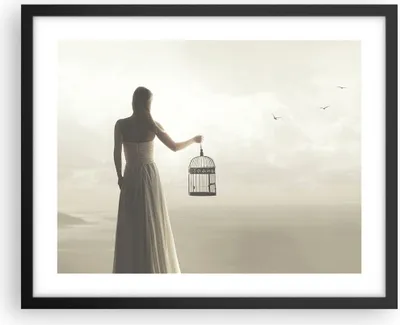 Produktbild von Gerahmtes Poster - Schwarzer Rahmen - Frau Käfig Vogel - 50x40 cm - Wand Bild - Wanddeko - Wandbilder - Kunstposter - Wandposter - Bilderrahmen - Bilder - Kunstdruck - Wanddekoration - P2BAA50x40-4787