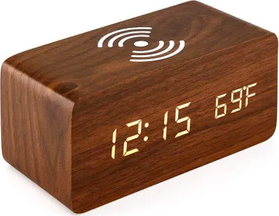 Immagine prodotto di Sveglia digitale con caricatore wireless, sveglia da tavolo a LED con indicatore di temperatura, marrone
